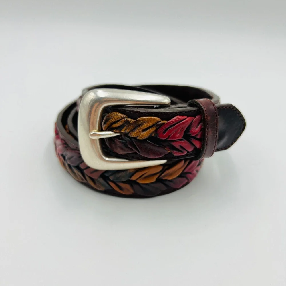 The Territory Ahead Mens 38 Braided Leather Leaf Belt Colorful Western Boho 90s